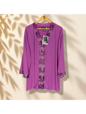 New Antthony Tunic Top Women 2X Plus Purple Sequin V-Neck Long Sleeve Casual